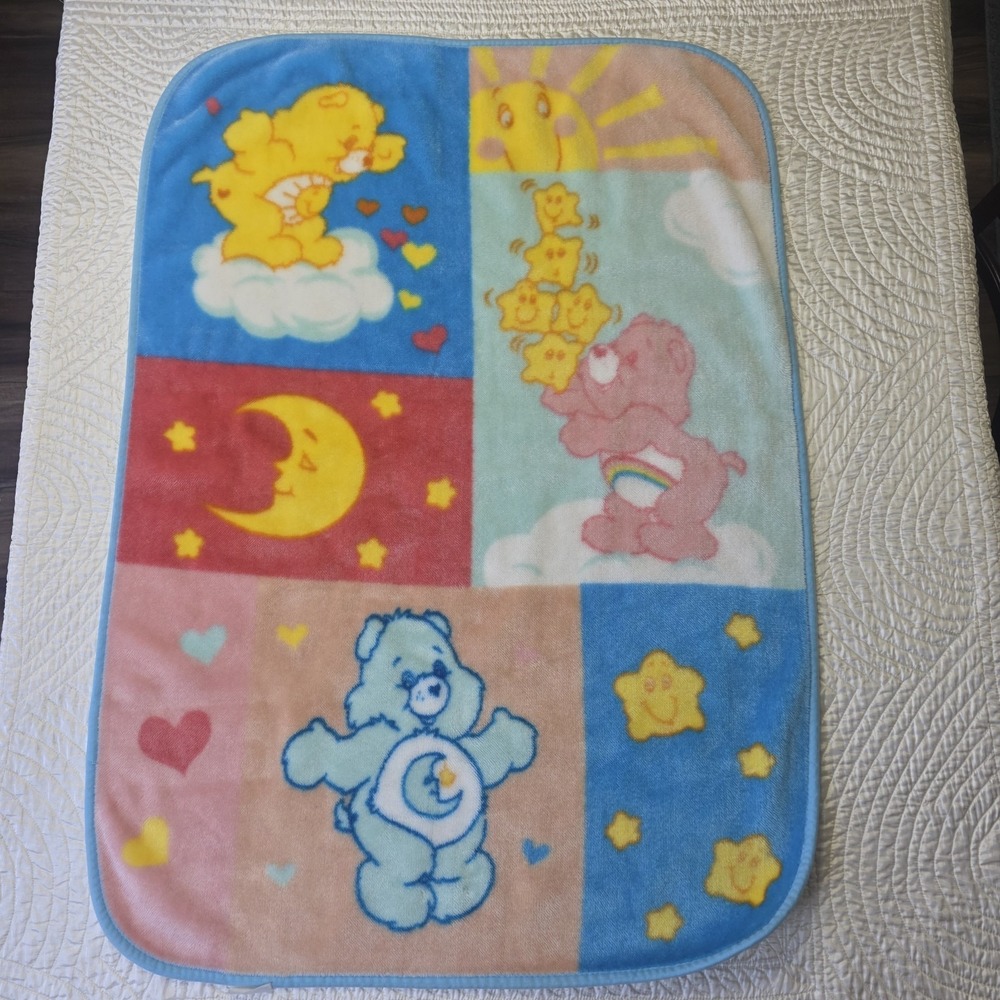 Vintage CARE BEARS Plush Baby Blanket Lux Crib Throw 45"x 30" Moon Stars